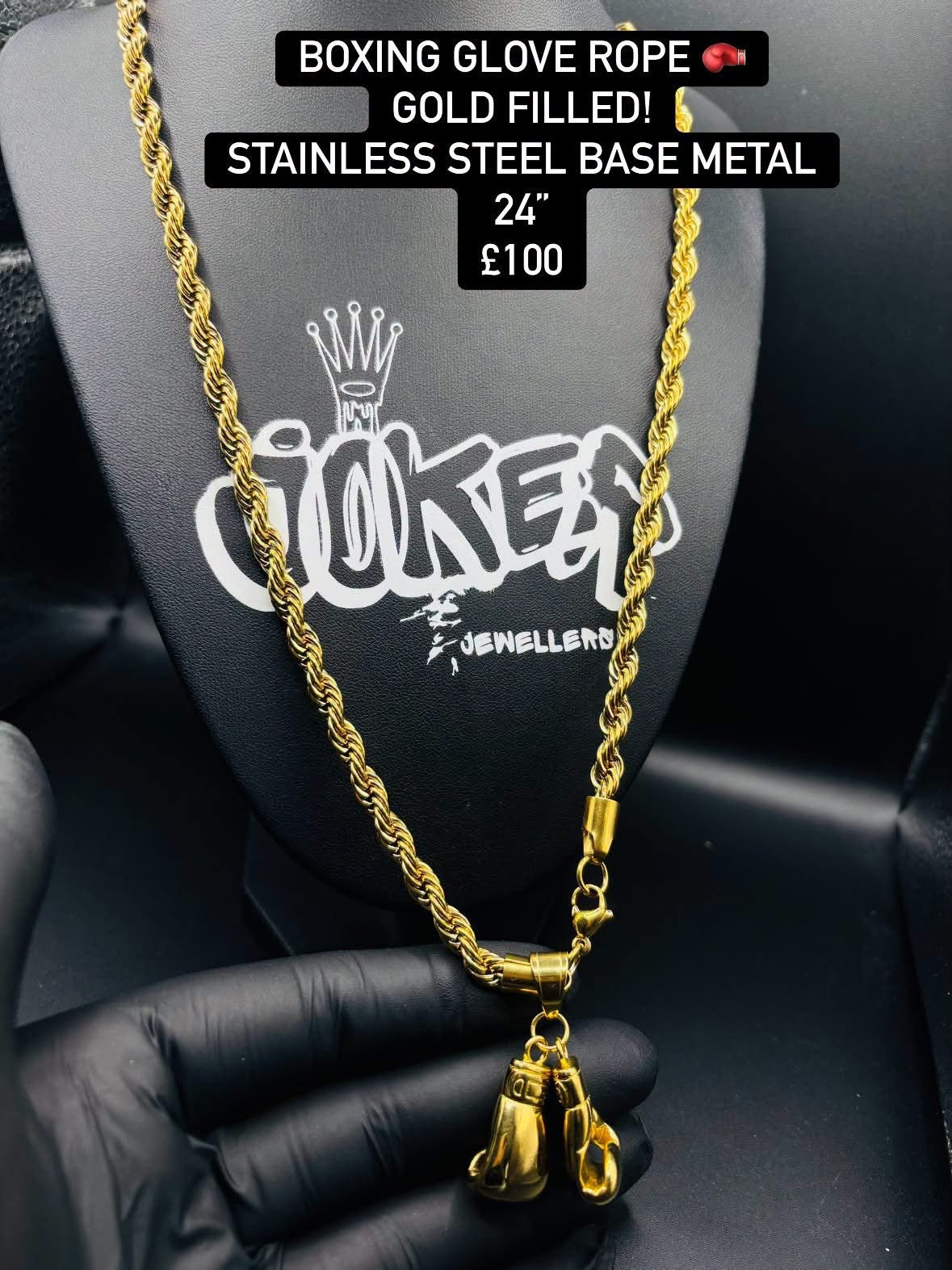 Gold filled boxing gloves rope 24”