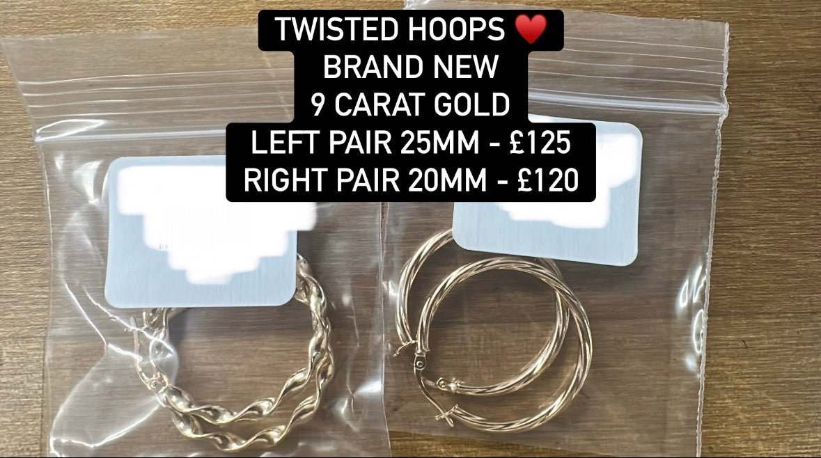 Twisted gold hoops left pair 25mm