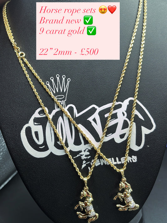 9 carat gold horse rope chain sets 2mm 22”