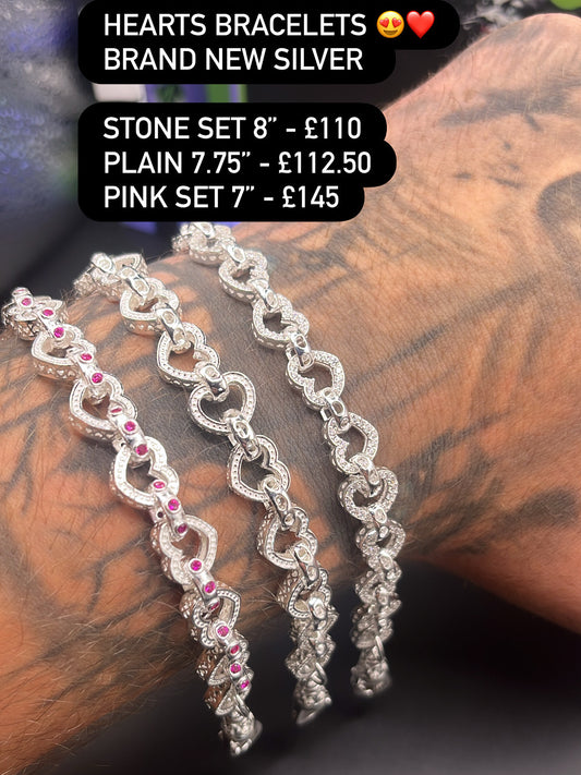 (Pink) silver hearts bracelet 7”