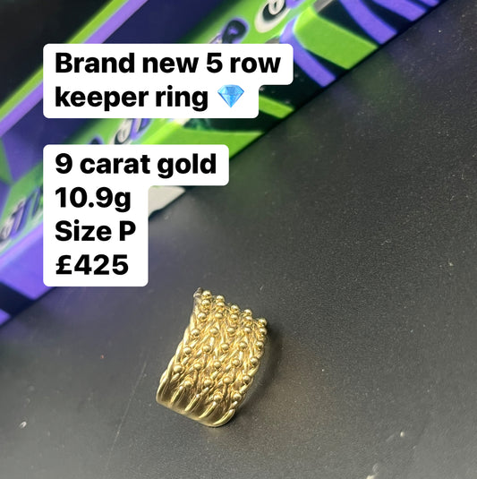 Brand new 9 carat gold 5 row keeper ring