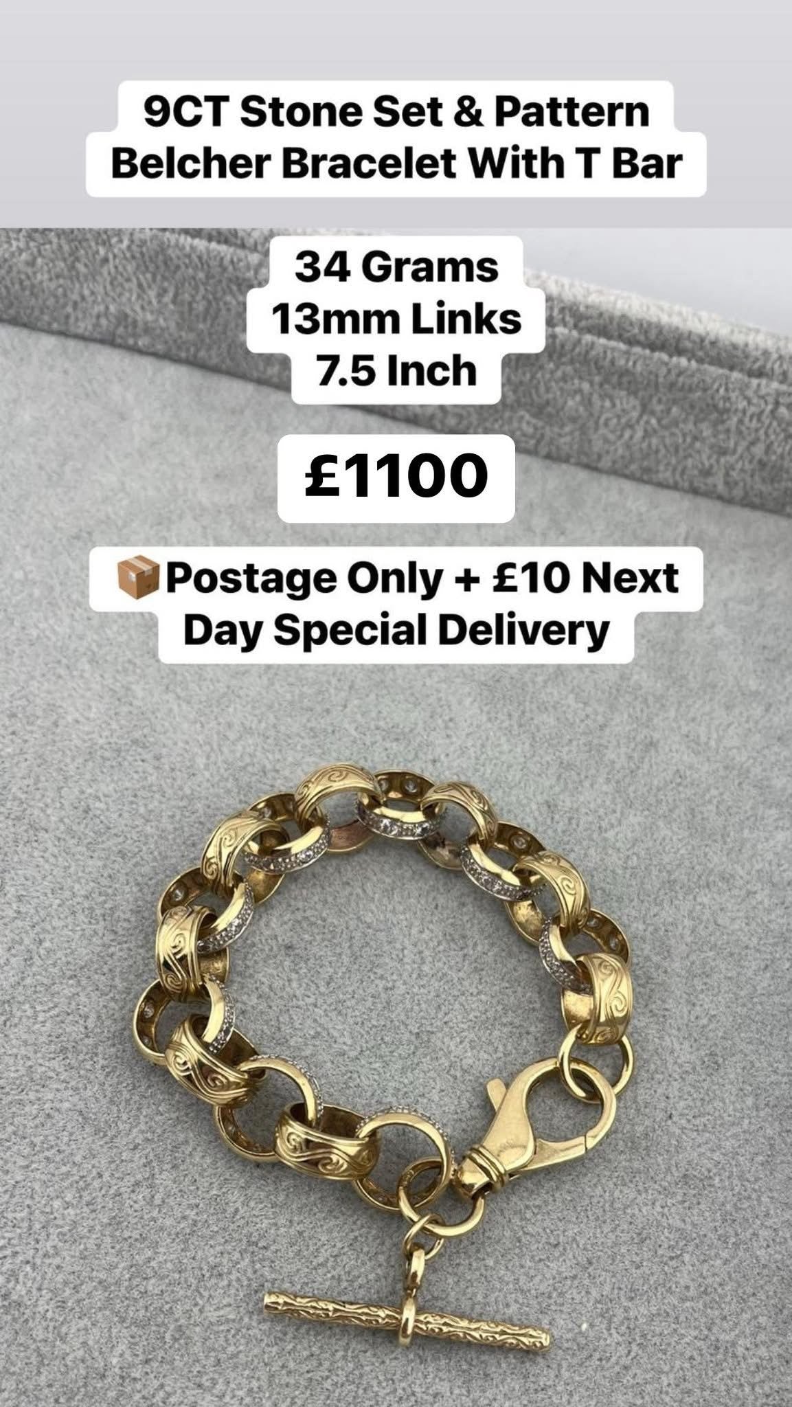 Stone set belcher bracelet with t bar - 9 carat gold