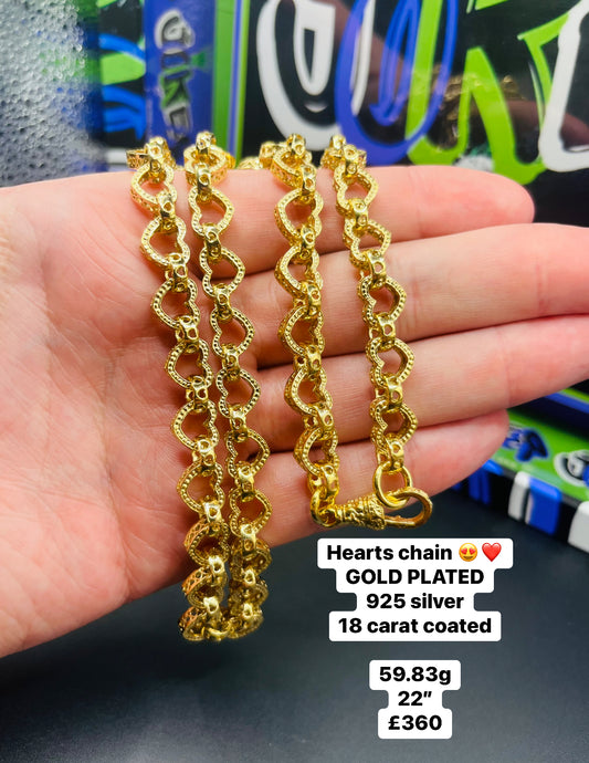 Gold plated hearts chain 925 silver with 18 carat gold coating!