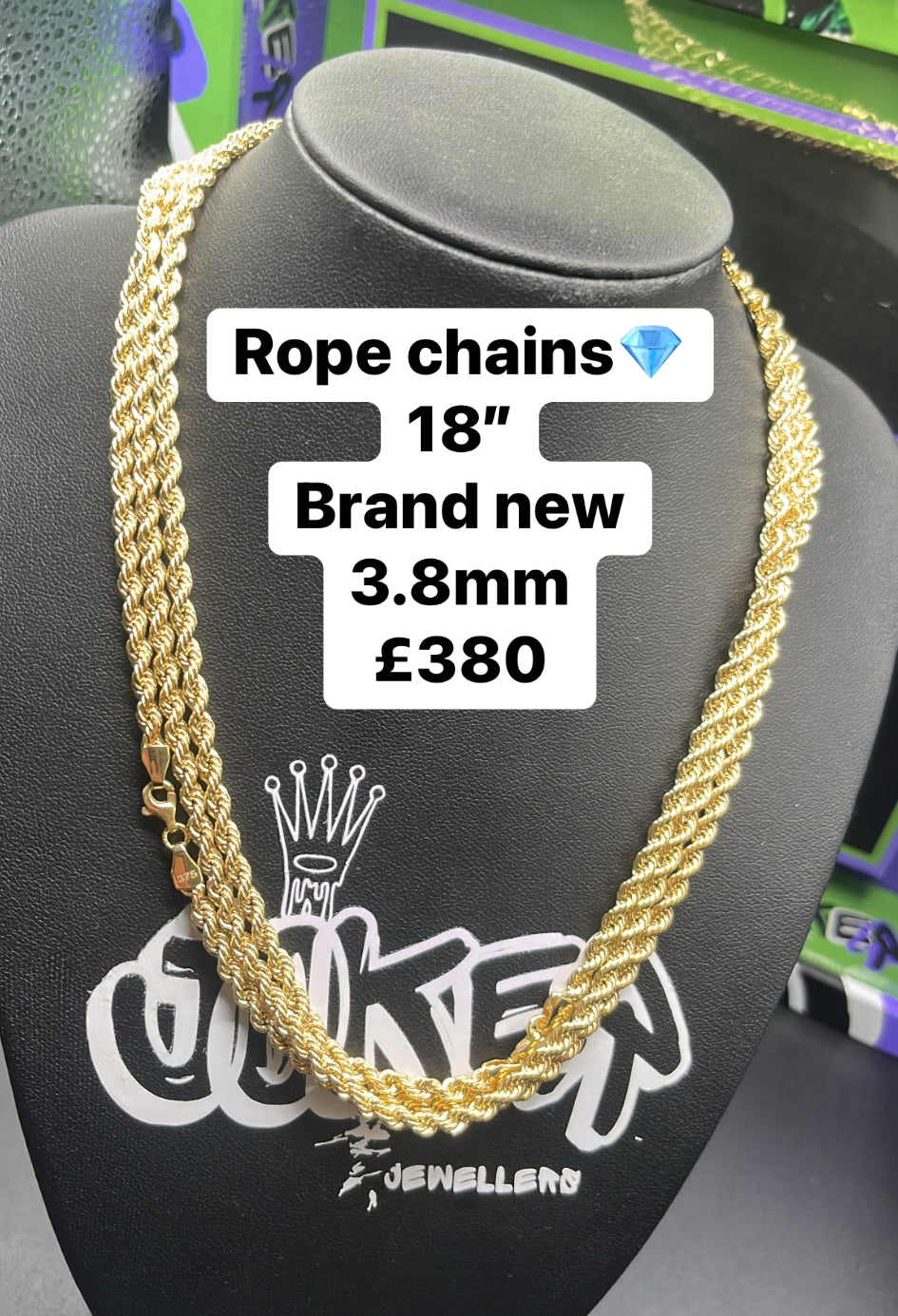 9 carat gold ropes chains 18” 3.8mm